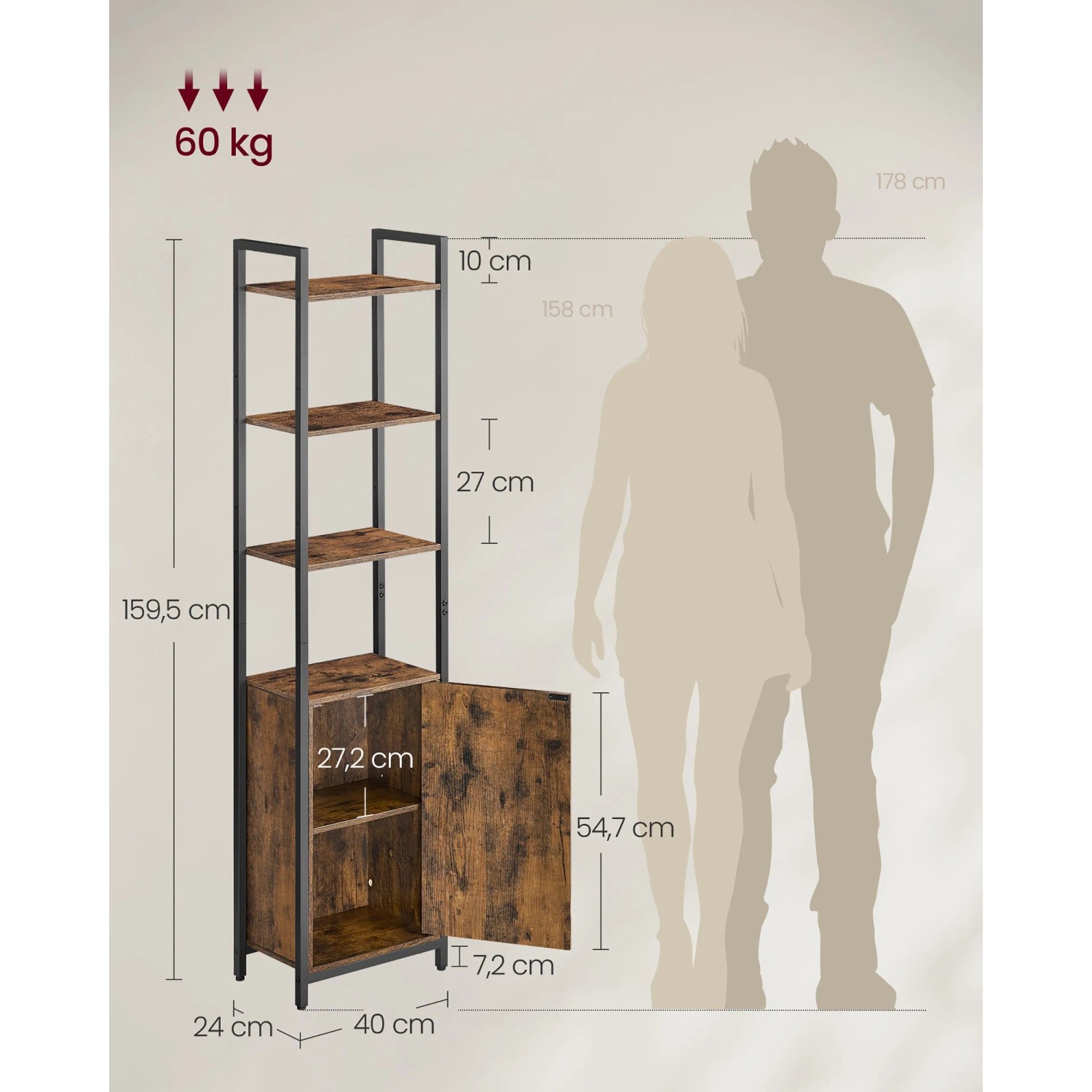 Vasagle Bücherregal, 159,5 cm hoch, braun-schwarz, mit offenen Regalen und Schrankfach. Abmessungen dargestellt.