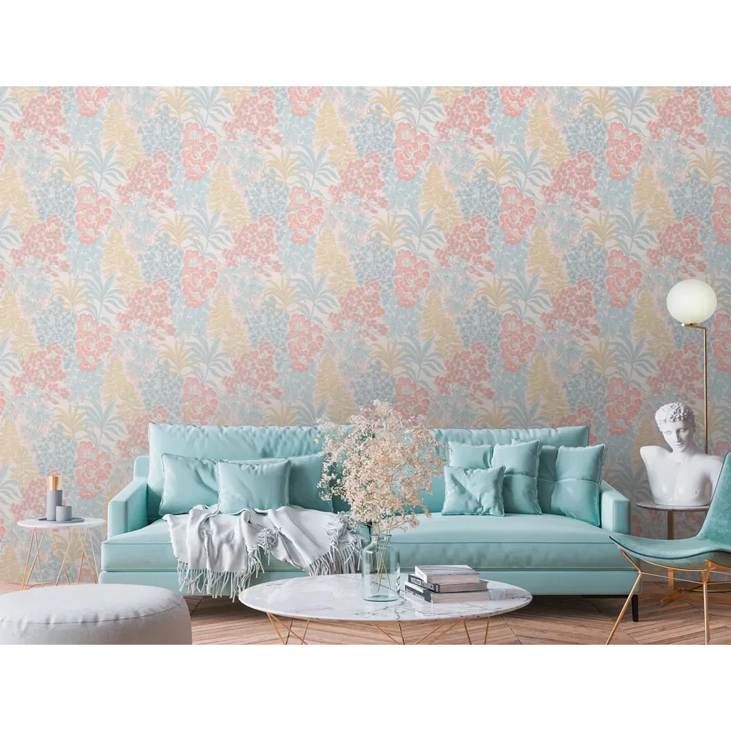 AS-Creation Vliestapete Floral, weiß-blau mit Blumenmuster und leichter Struktur.
