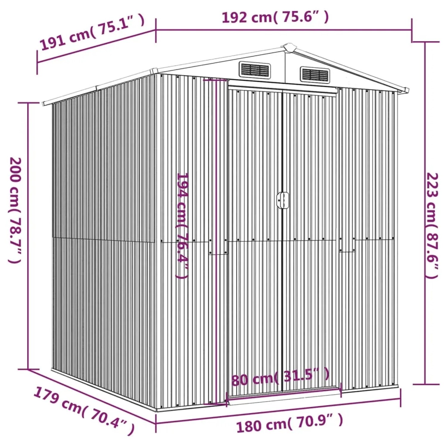 vidaXL Geräteschuppen, hellgrau, 192x191x223 cm, aus verzinktem Stahl, Gartenhaus mit Schiebetür.