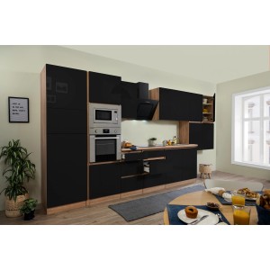 Respekta Premium Küchenzeile, 435 cm, Schwarz Hochglanz/Eiche Sägerau, mit E-Geräten.