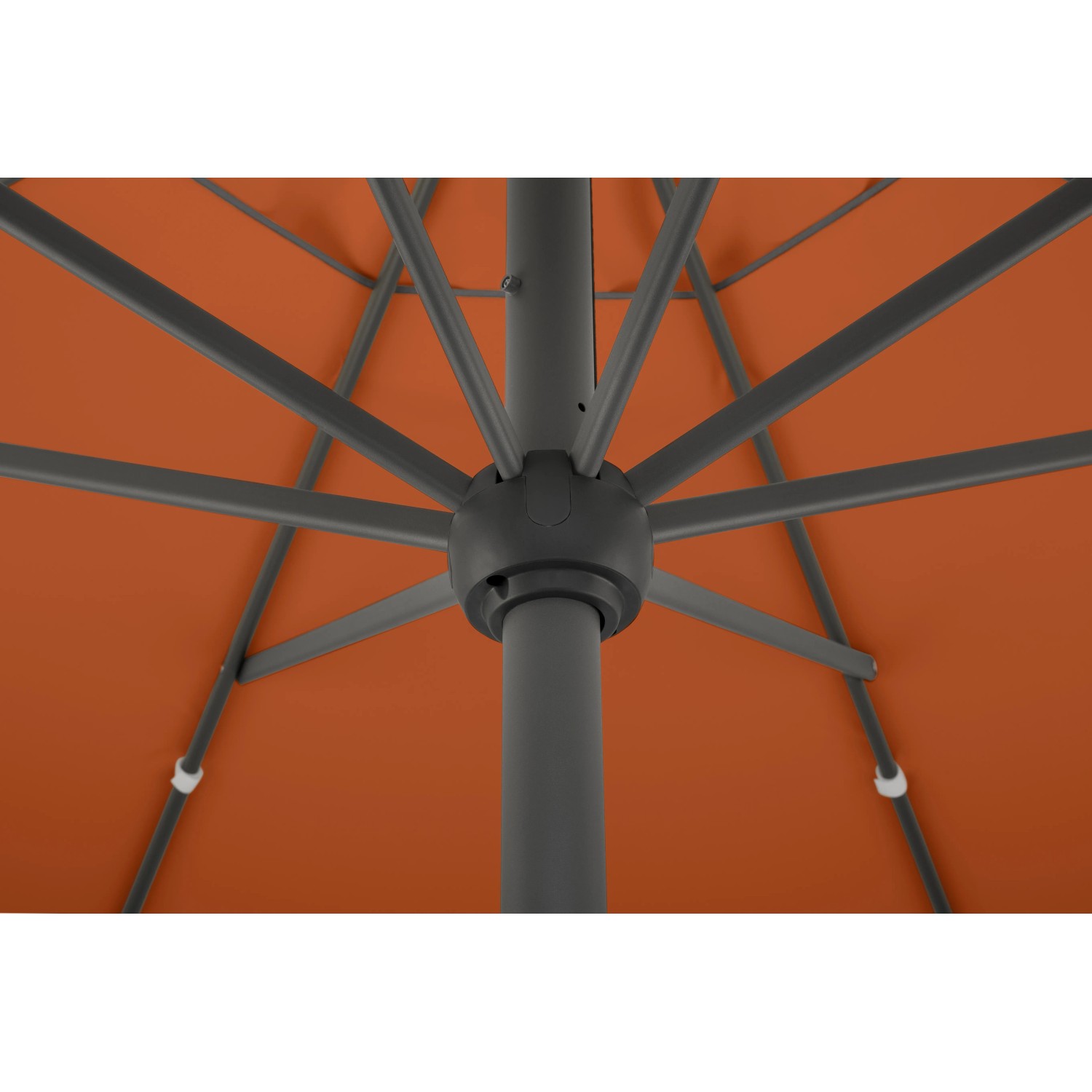 Detailaufnahme: Schneider Marktschirm Adria, Ø 350 cm, Terracotta, Kurbelmechanik, Blick von unten.