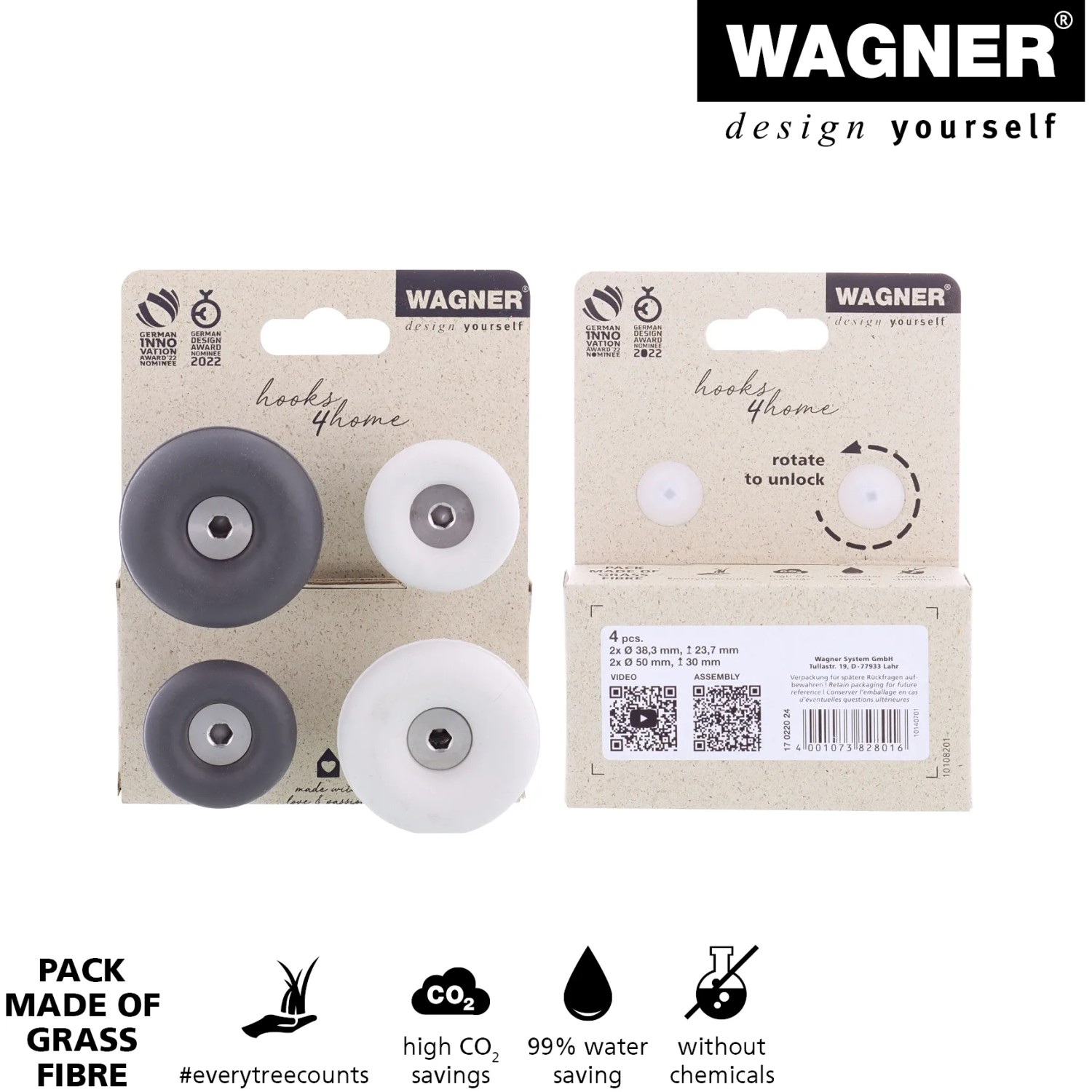 Wagner Wandhaken-Set Dot, 4 Stück, schiefergrau und lichtgrau. Runde Haken zum Schrauben.