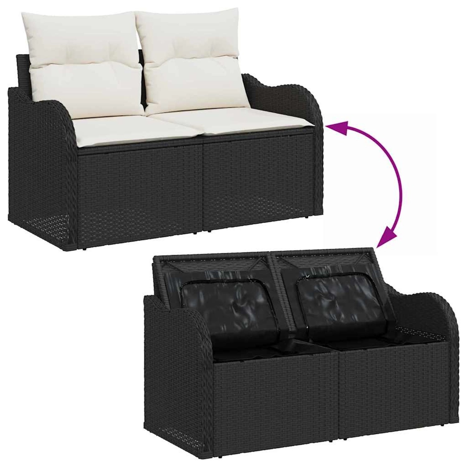 vidaXL Gartenmöbel-Set, 7-teilig, schwarz, Poly Rattan, mit Kissen und Stauraum unter den Sitzen.