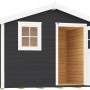 Anthrazitfarbenes Gartenhaus mit Satteldach, Fenster und offener Tür. Holz-Gartenhaus.