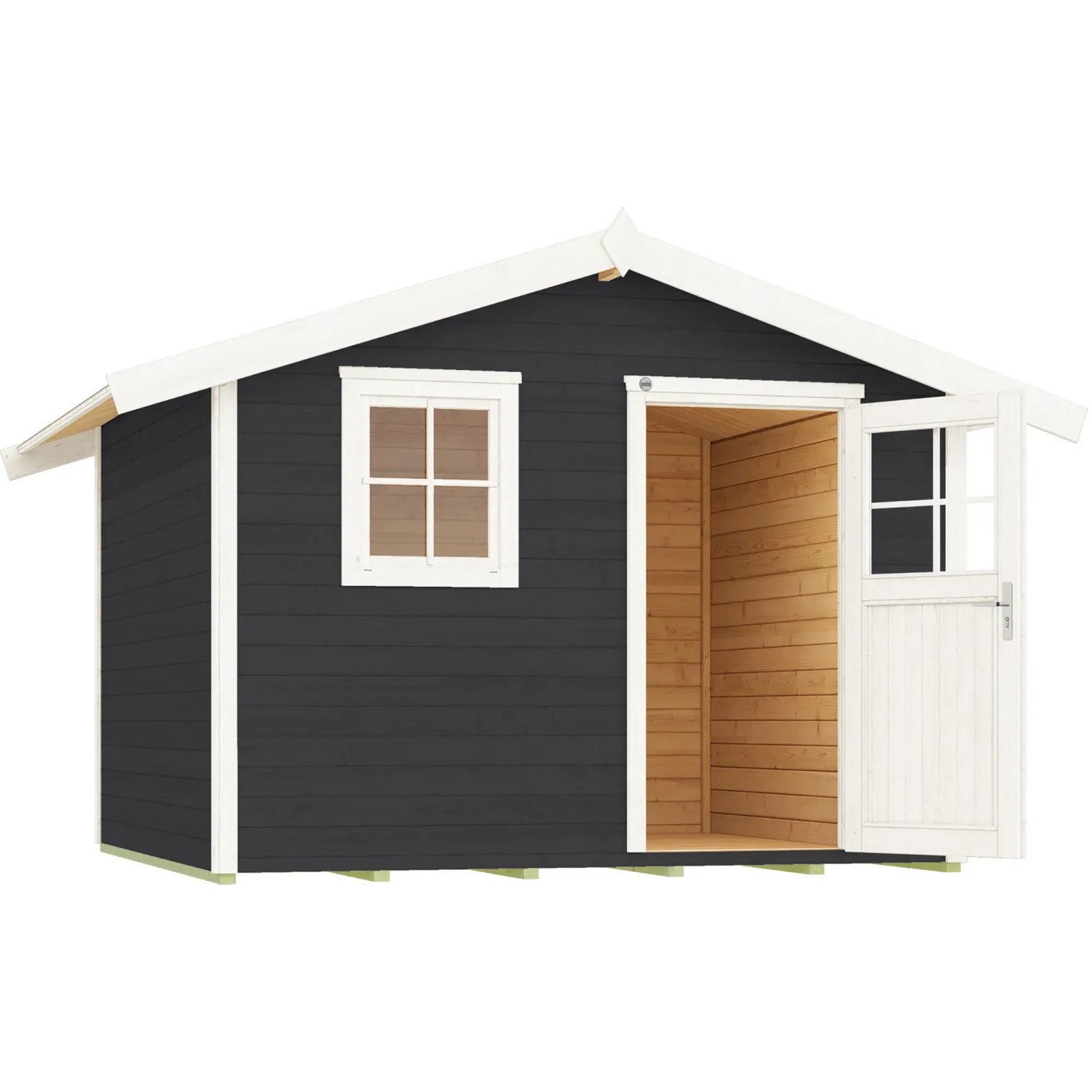 Anthrazitfarbenes Gartenhaus mit Satteldach, Fenster und offener Tür. Holz-Gartenhaus.