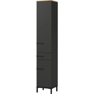 Graphitfarbener Bad-Hochschrank mit Eiche-Nachbildung, Tür, Schublade, Tür und schwarzen Metallgriffen.