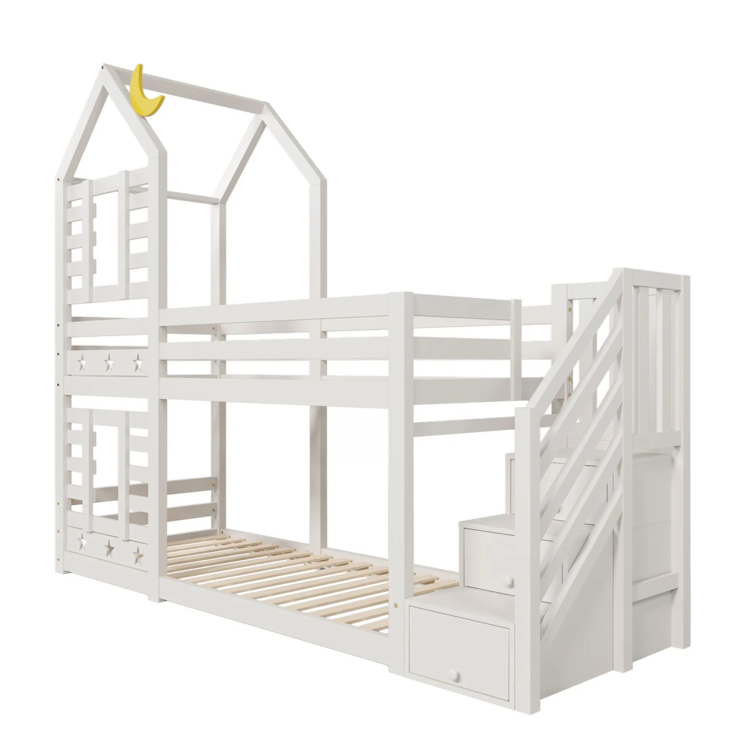 KOMHTOM Kinderbett Etagenbett Baumhaus 90x200Cm Mit Schubladen Und Rausfallschutz Hochbett Für Kinder 2x Lattenrost Weiß Ohne Matratze