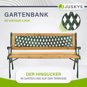 Juskys Gartenbank Pisa 2-Sitzer aus Holz und Gusseisen mit Rautenmuster.