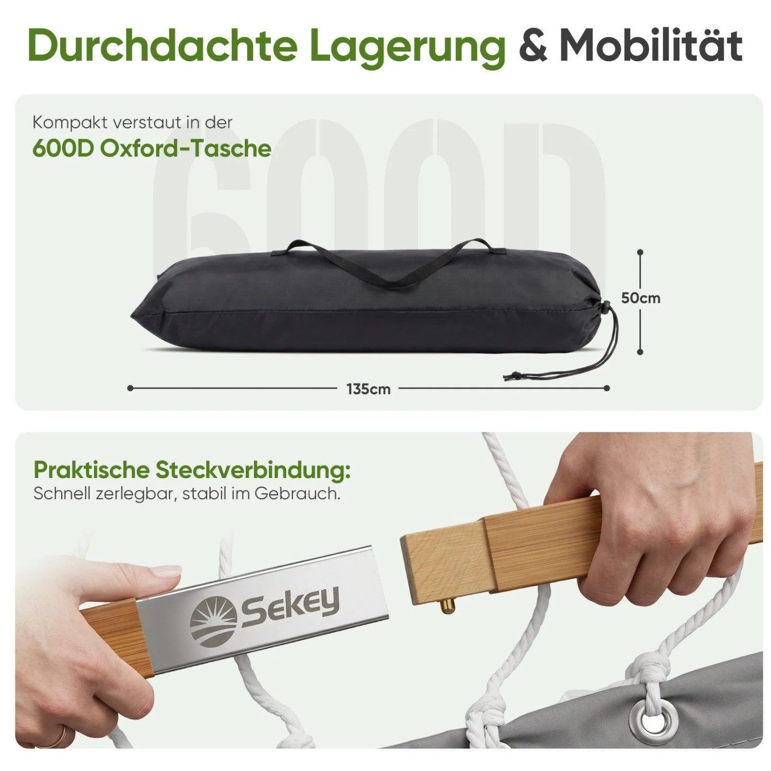 Sekey Doppelhängematte: Kompakte Lagerung in Oxford-Tasche & zerlegbare Bambus-Spreizstäbe für Mobilität.