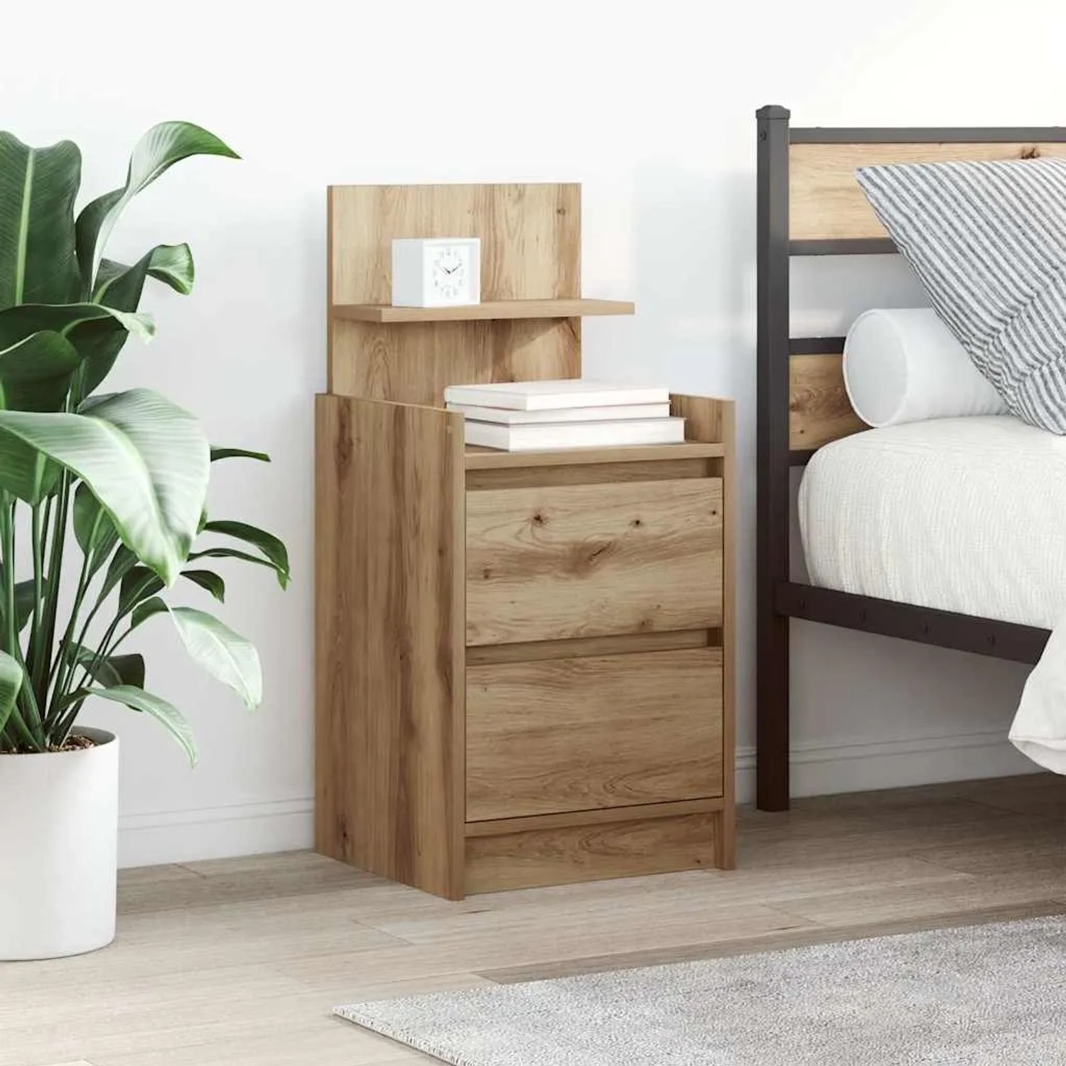 Nachttisch Artisan-Eiche mit 2 Schubladen und Ablage, Holzoptik, neben Bett.