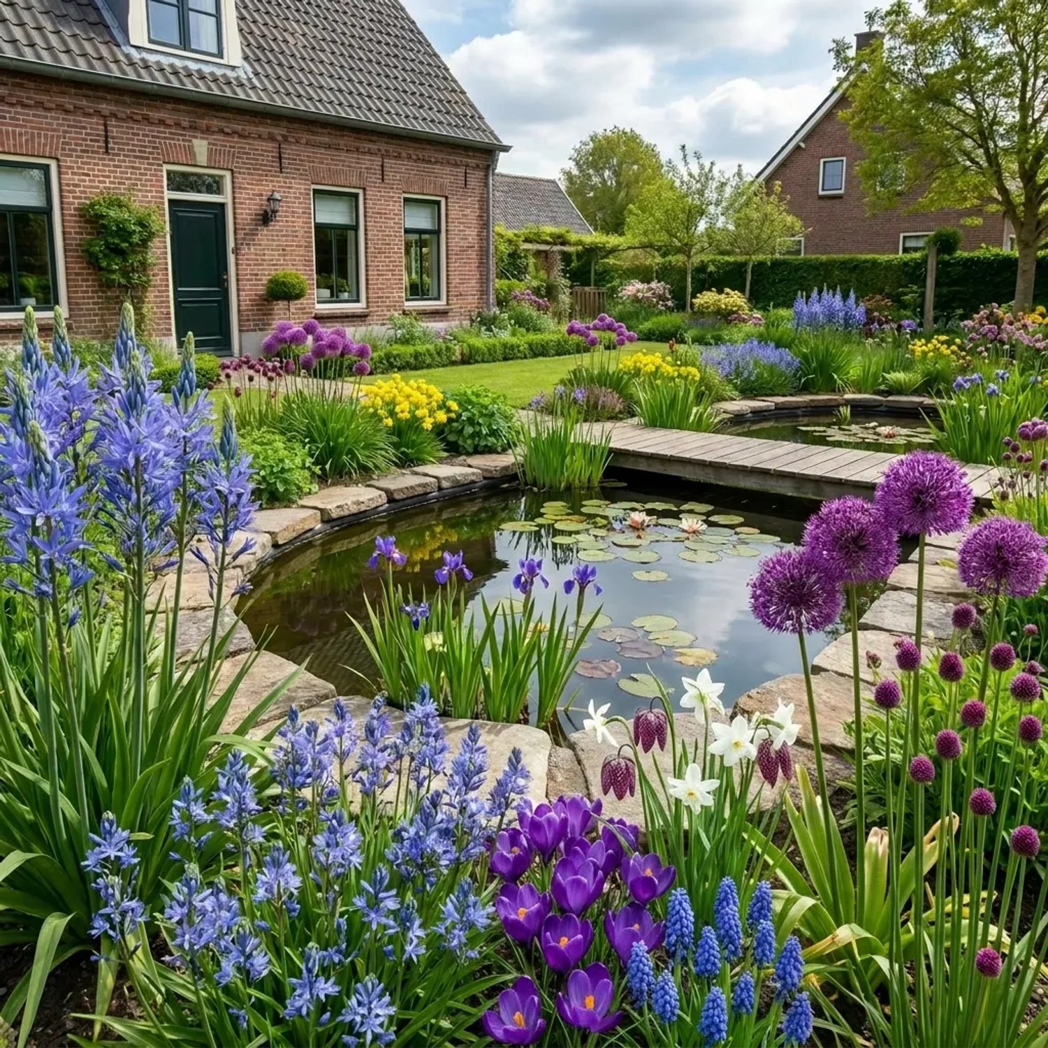 Farbenfroher Teichrand mit blauen, lila und gelben Blumenzwiebeln. Ein blühender Schmetterlingsgarten mit Teich und Haus.