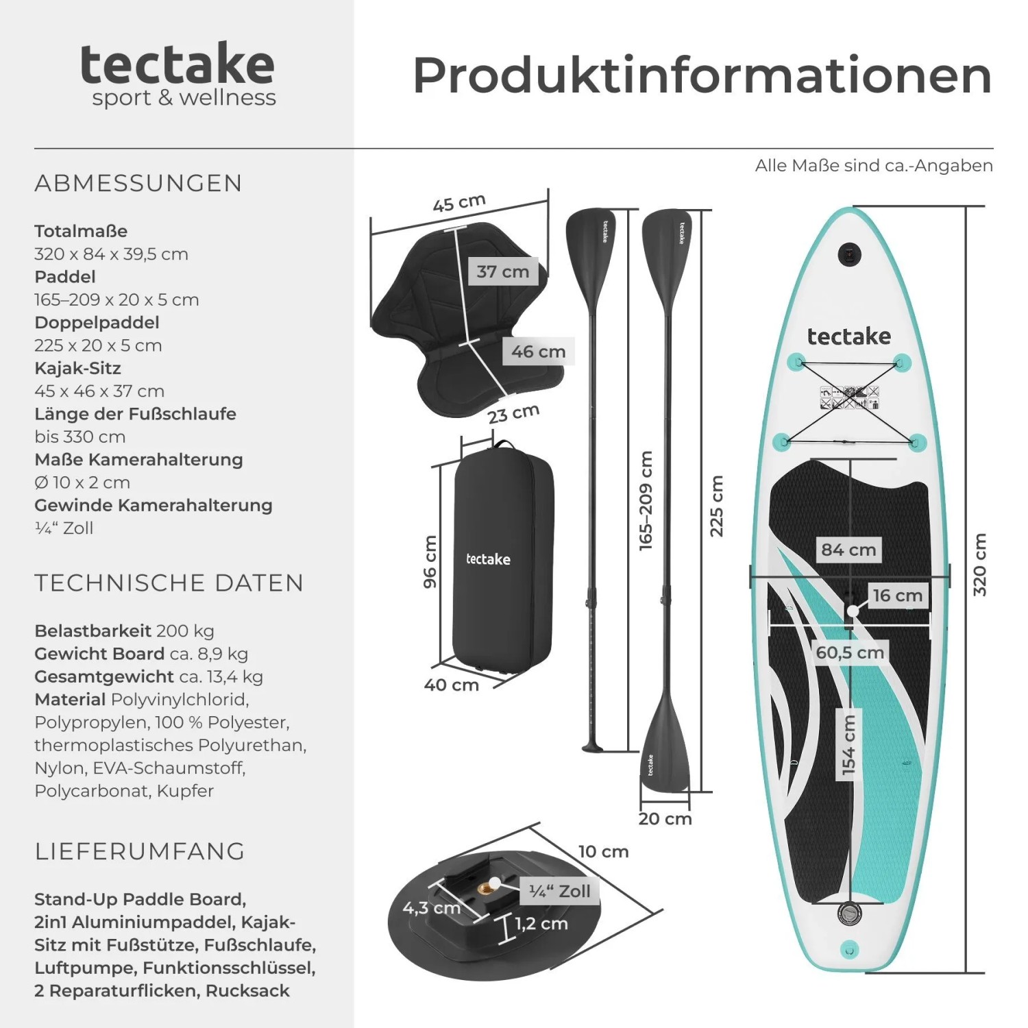 Tectake Stand Up Paddle Board Zenon Set. Produktinformationen mit aufblasbarem SUP, Paddel, Kajaksitz, Rucksack & Kamerahalterung.