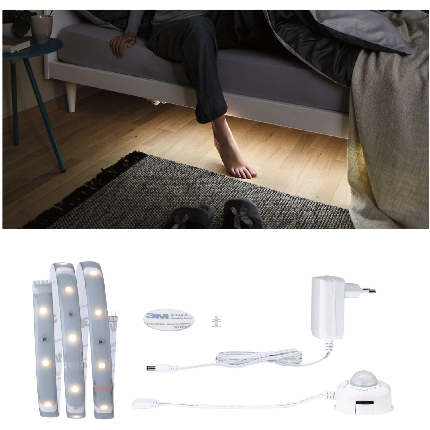Paulmann MaxLED Night Comfort Set für Einzelbett: LED-Streifen, Sensor und Netzteil unter Bett.