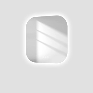 Quadratischer Emke LED-Badspiegel 50x50 cm mit Antibeschlag und einstellbarer Lichtfarbe.