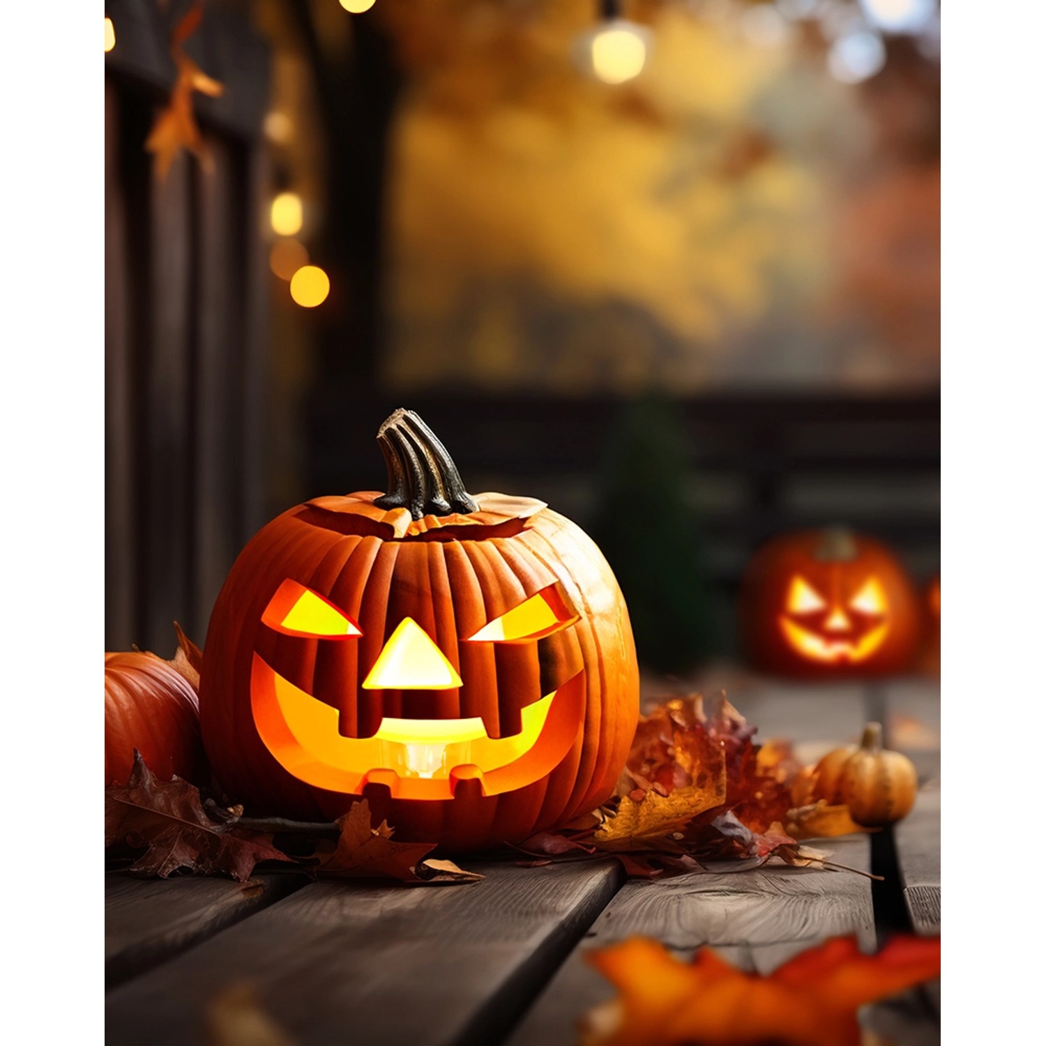 Leuchtender Halloween Kürbis mit geschnitztem Gesicht und Herbstlaub als Deko.