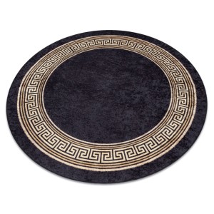 Runder schwarzer RugsX Miro Teppich mit goldenem Mäander-Muster, 200cm. Waschbarer Polyester Teppich.