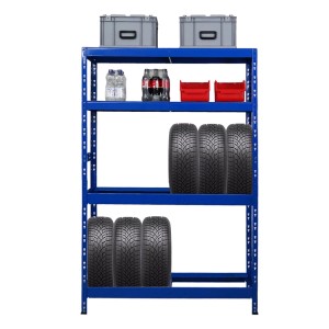 Blaues PROREGAL Reifenregal Tiger mit Reifen, Getränken und Boxen auf mehreren Ebenen.