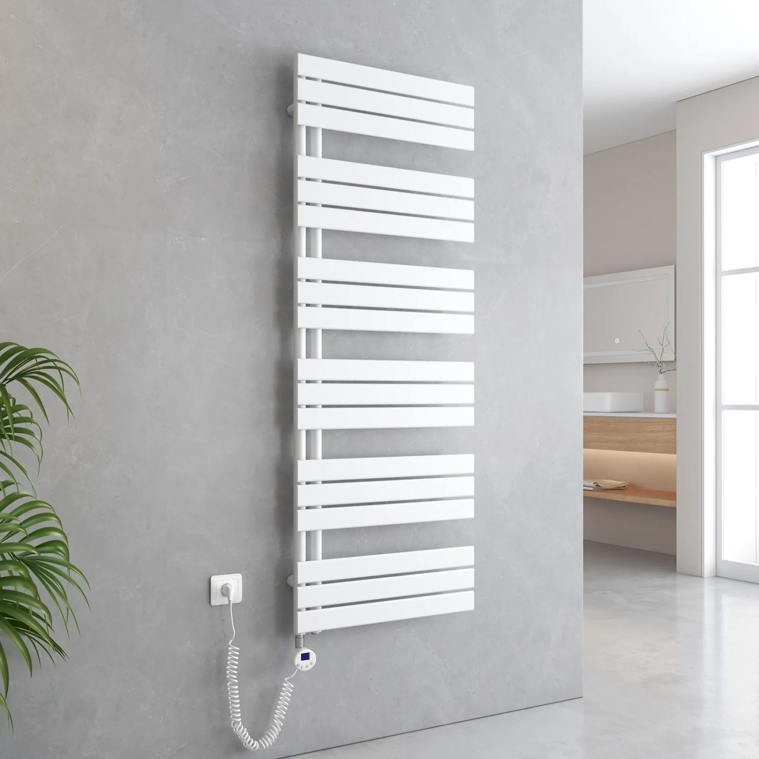 Weißer, elektrischer Emke Badheizkörper 60x159cm mit Thermostat und Timer. Handtuchheizkörper.