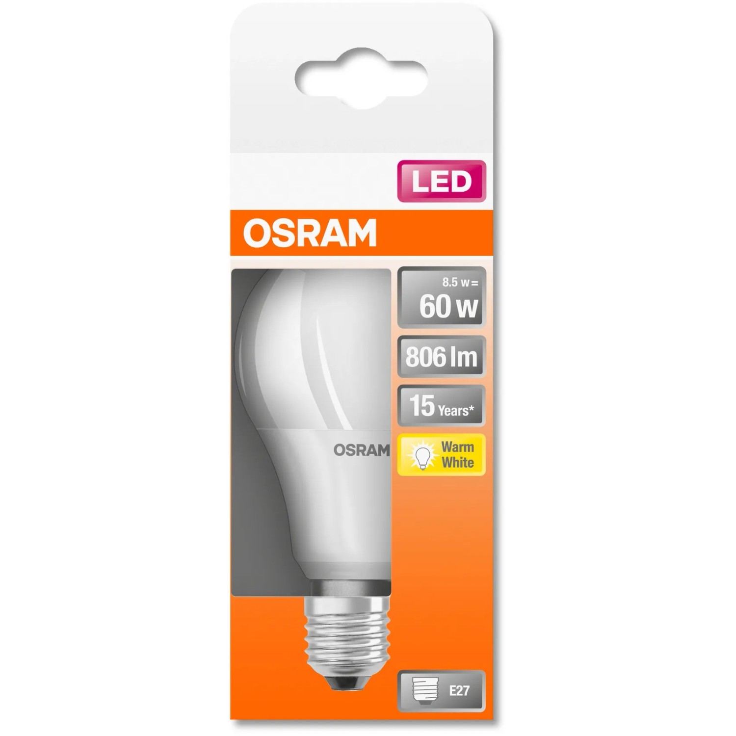 Osram LED-Leuchtmittel E27, 8,5W, Glühlampenform in Verpackung.