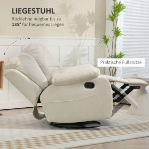 Beiger HOMCOM Relaxsessel mit Liegefunktion, verstellbarer Rückenlehne und ausgefahrener Fußstütze im Wohnzimmer.