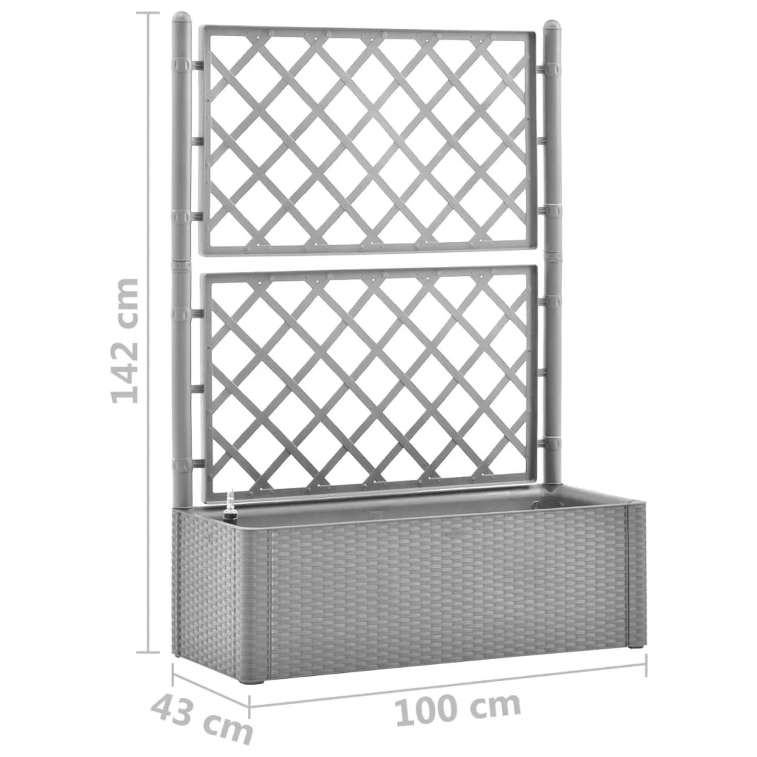 Graues furnicato Hochbeet mit Spalier und Selbstbewässerung, ideal für Garten und Balkon.