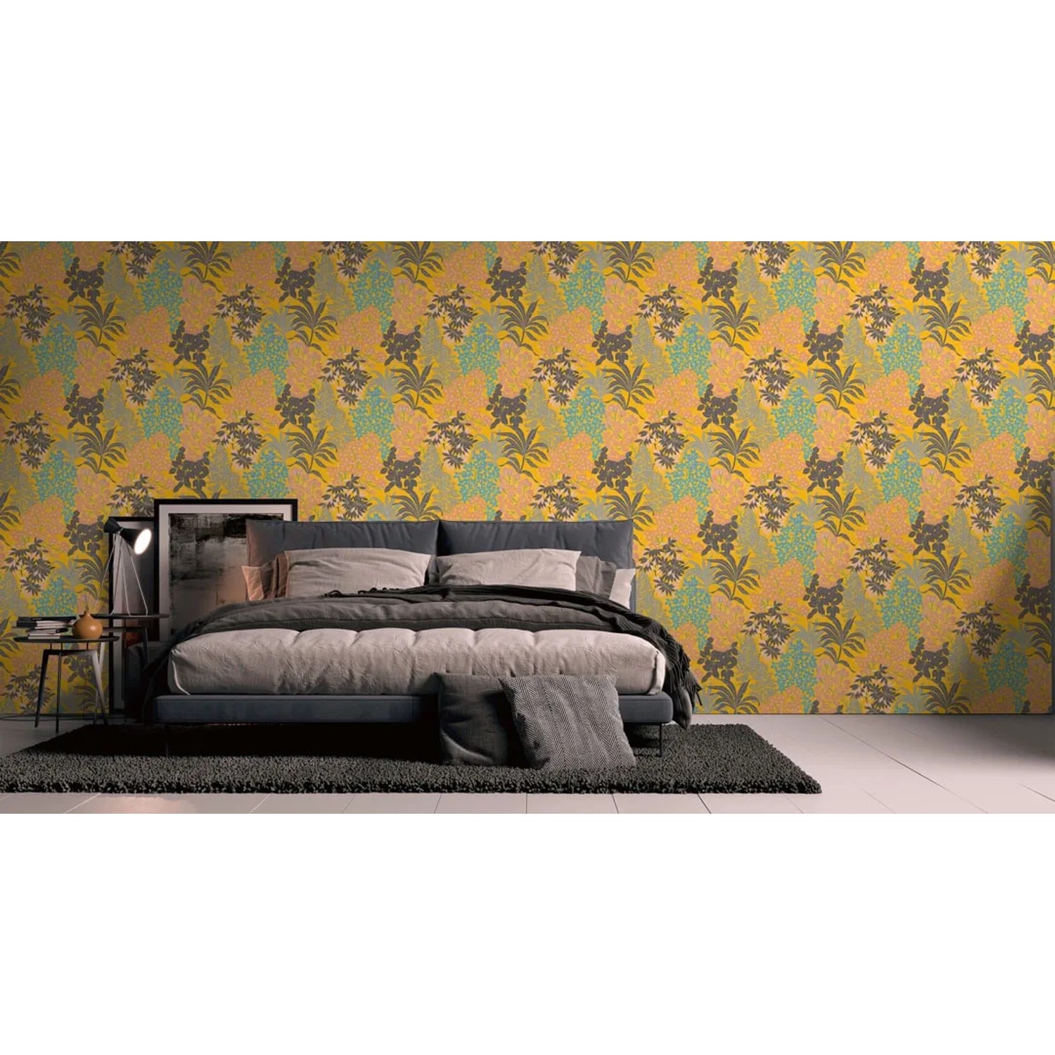 AS-Creation Vliestapete Floral Gelb/Schwarz im Schlafzimmer, dekorative Tapete mit Blumenmuster.