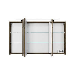Pelipal Spiegelschrank Quantum 07, Eiche Ribbeck Quer, 120 cm, mit offenen Türen und Glaseinlegeböden.