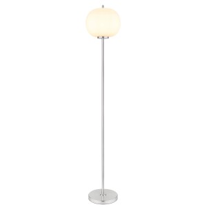 Globo Stehleuchte Blacky I, Nickel/Opal, Design-Stehlampe mit rundem, opalweißem Schirm.