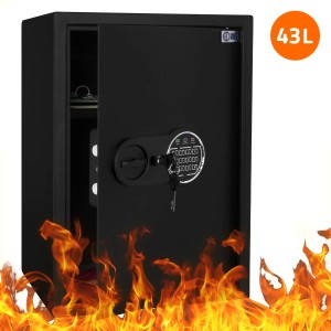 Offener, schwarzer, feuerfester Safe (43L) mit digitalem Schloss und Schlüssel. Ideal zur sicheren Aufbewahrung.