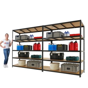 Schwarzes PROREGAL Schwerlastregal TAURUS 180x150x60cm mit 5 MDF-Böden, beladen mit Werkzeug und Behältern.