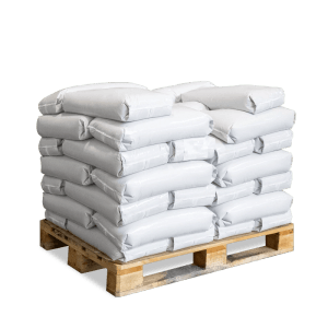 Galamio Quarzsand 0,4-1,4 mm in weißen 25kg Säcken auf Holzpalette. Ideal für Sandkasten & Garten.
