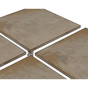 Braunbeige Fugenkreuze (15 mm) zwischen Terrassendielen für gleichmäßige Fugen.