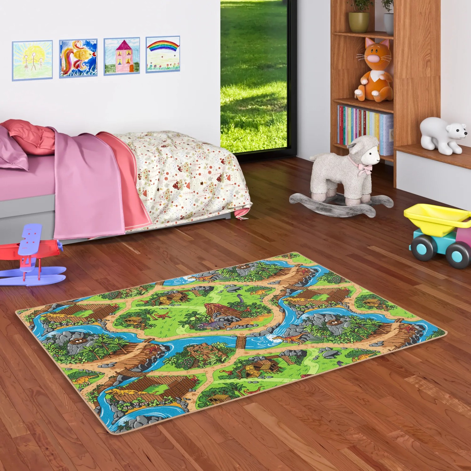 Türkiser Kinder Straßenteppich 100x200cm im Kinderzimmer mit Spielzeug.