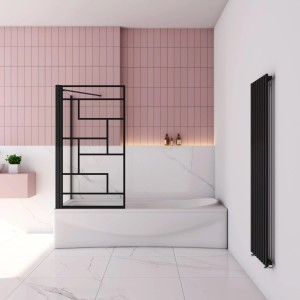 AICA Badewannenfaltwand mit Seitenwand, 80x75cm, schwarz kariert, H.140cm, als Badewannenaufsatz.