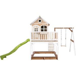 Axi Liam Spielhaus mit Schaukel, Rutsche und Sandkasten in Braun, Weiß und Lindgrün.