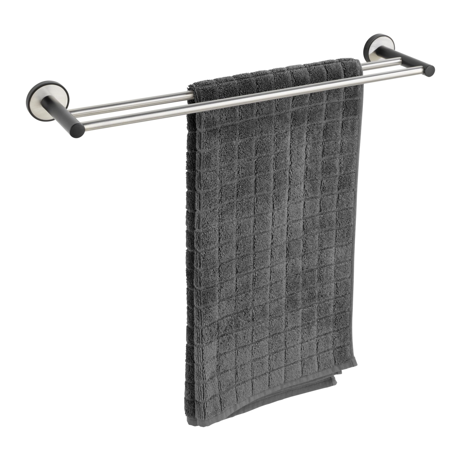 Wenko Badetuchstange Duo Udine, 60 cm, silber matt, mit grauem Handtuch.