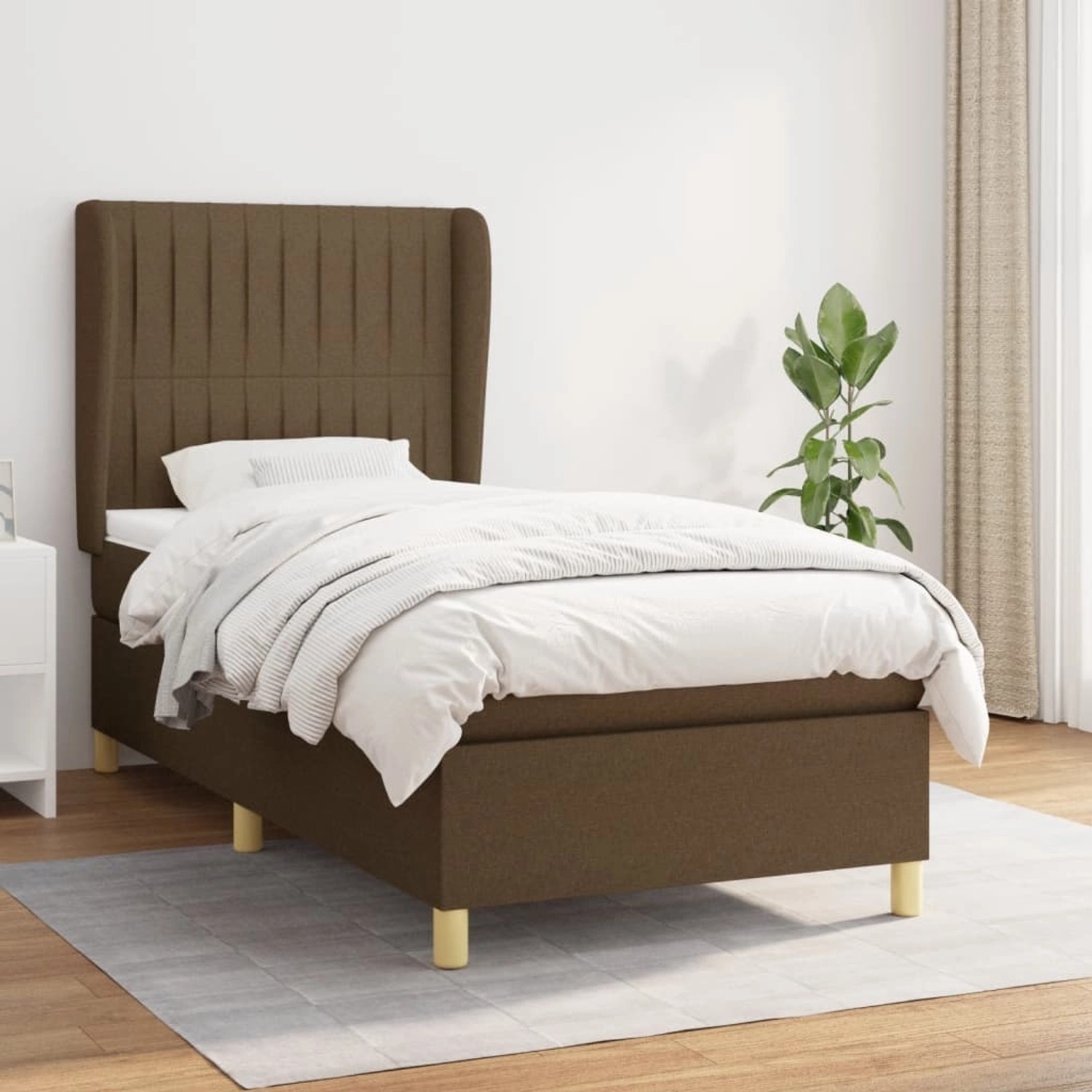 Dunkelbraunes vidaXL Boxspringbett (90x190 cm) mit Matratze und hohem Kopfteil.