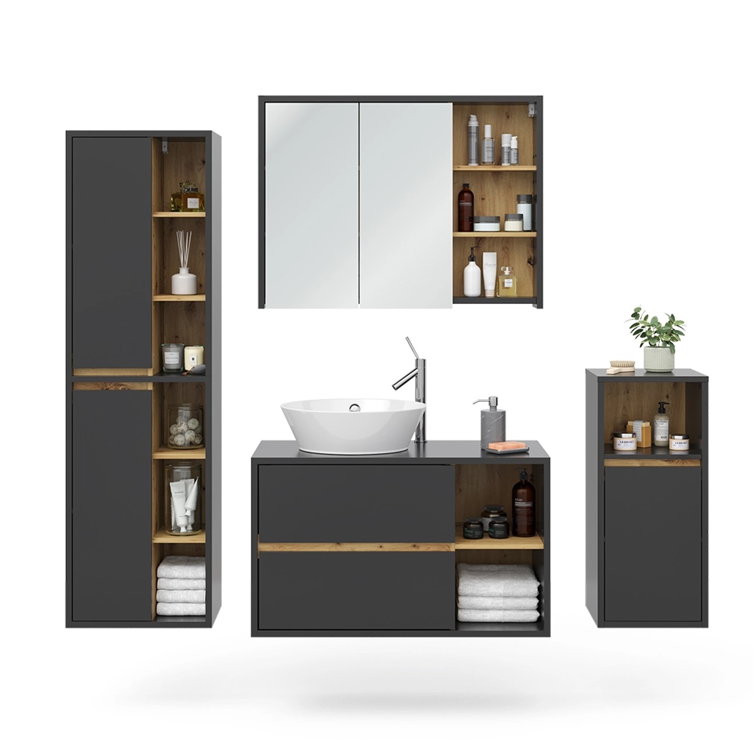 Vicco Badmöbel-Set Viola, 4-teilig in Anthrazit/Eiche, mit Spiegelschrank, Waschbeckenunterschrank, Midischrank und Hochschrank.