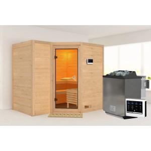 Karibu Sauna Steena 2 mit Edelstahl Bio-Ofen und externer Steuerung aus naturbelassenem Holz.