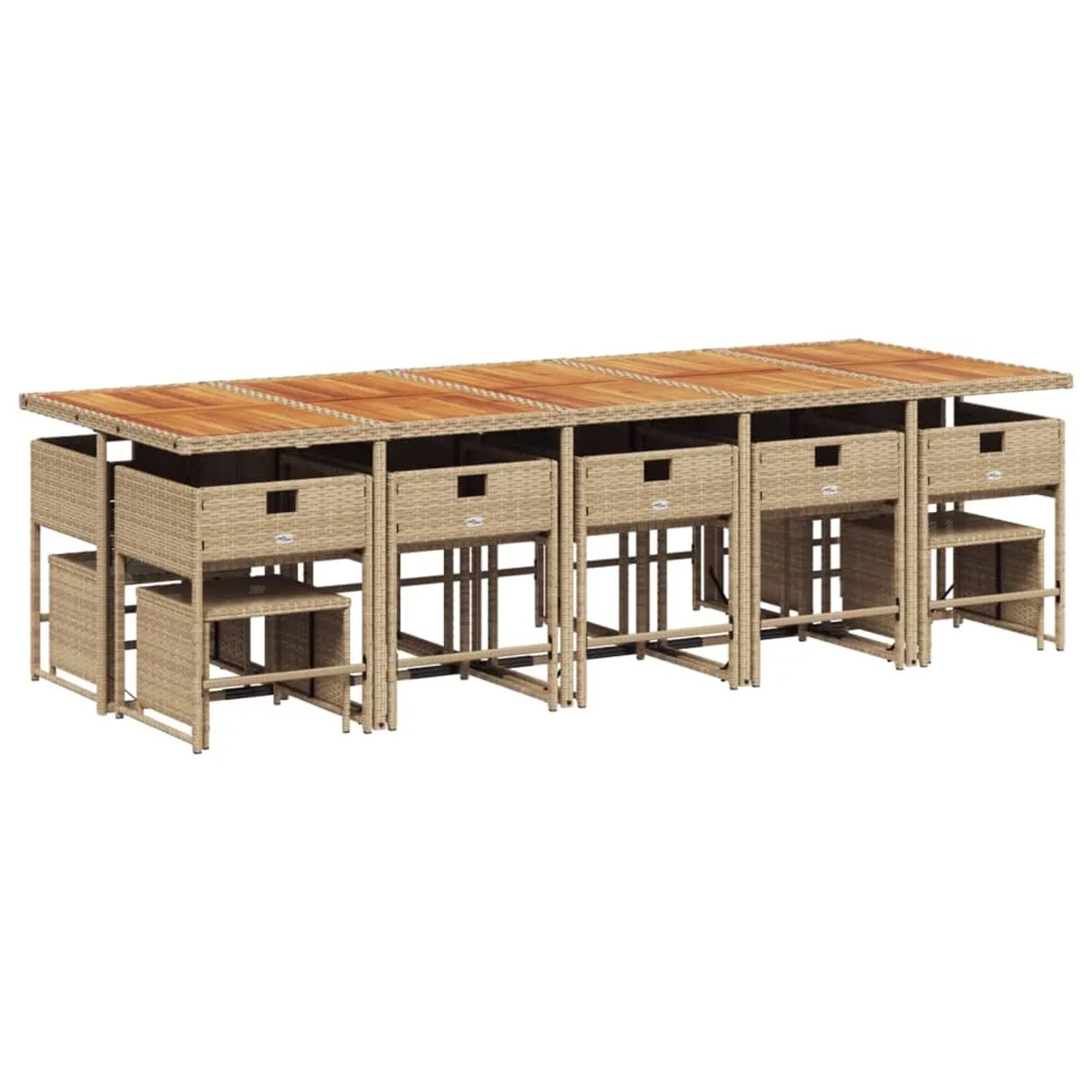 vidaXL Garten-Essgruppe, 15-teilig, beige Poly Rattan. Tisch mit Stühlen und Hockern, platzsparend verstaut.