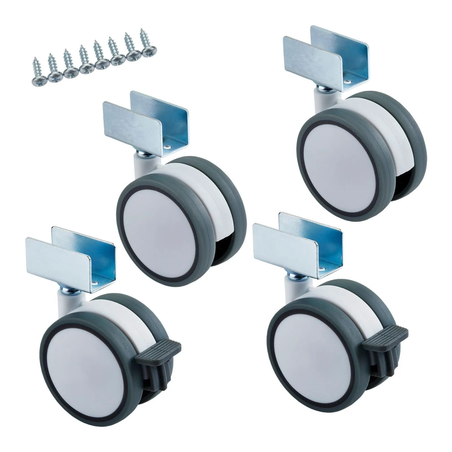 SOTECH 4er Set Möbelrolle HAMM Ø63 mm Höhe 74,5 mm Weiß Grau 2x Ohne und 2x mit Bremse mit U-Profil für 19 mm Wandstärke inkl. Befestigungsschrauben