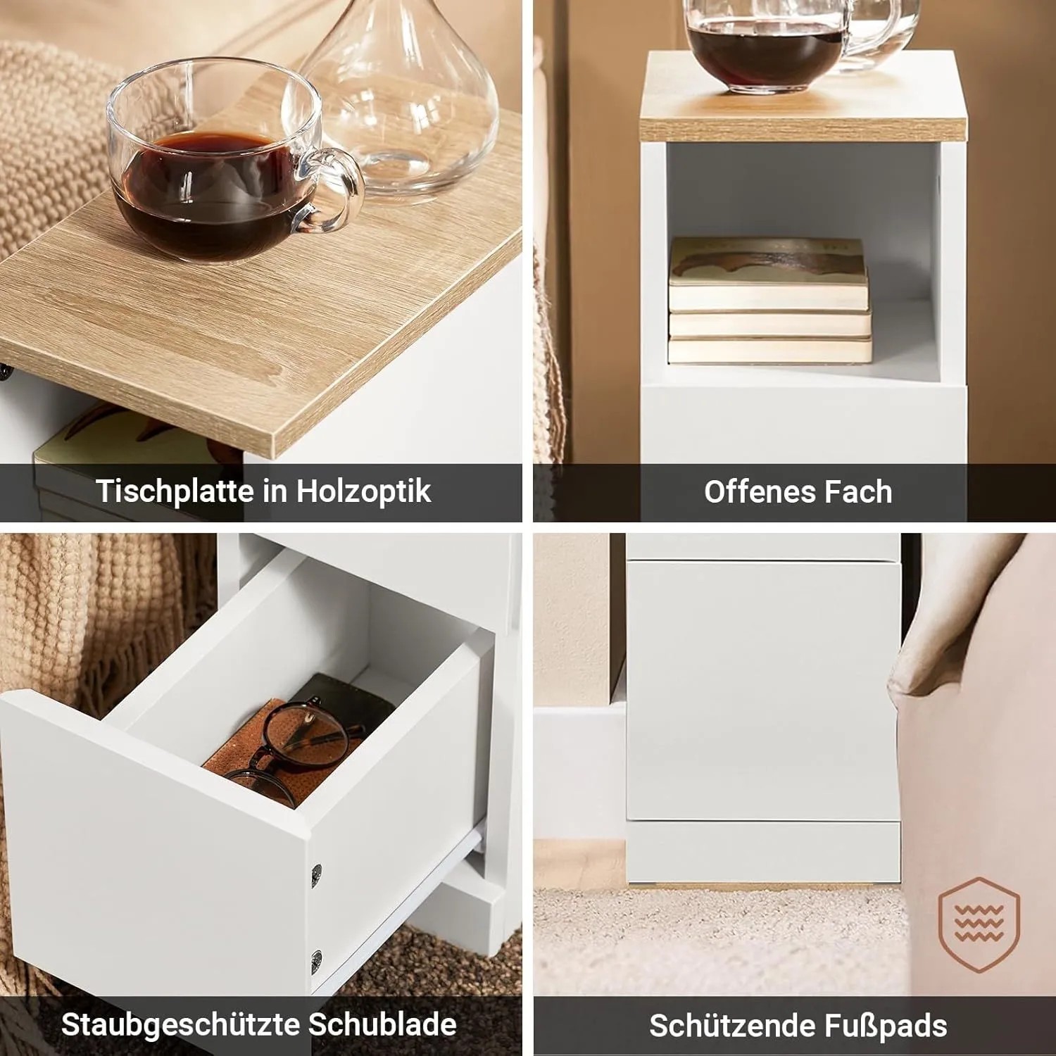 Details des schmalen weißen Nachttischs: Holzoptik-Platte, offenes Fach, Schublade, schützende Fußpads. Ideal für kleine Räume.