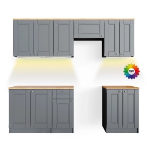 Graue Vicco Bergamo Küchenzeile 240 cm mit Goldkraft Arbeitsplatte und LED-Beleuchtung.