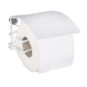 Wenko Toilettenpapierhalter Classic Plus, Stahl weiß mit Deckel und Toilettenpapierrolle.