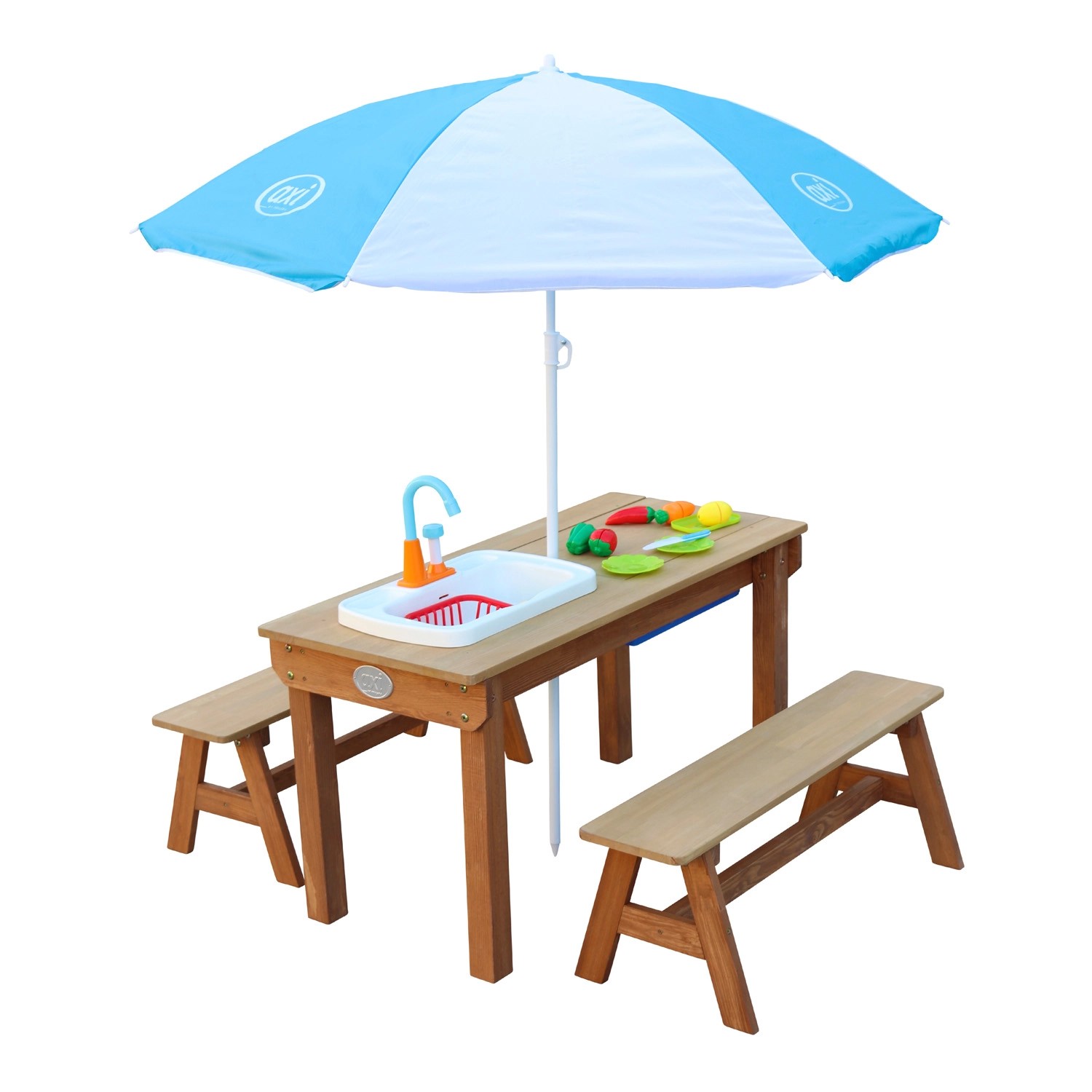 Axi Sand und Wasser Picknicktisch Dennis Braun mit Sonnenschirm Blau Weiß