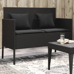 Schwarze VidaXL Gartenbank aus Poly Rattan mit Kissen für den Garten.
