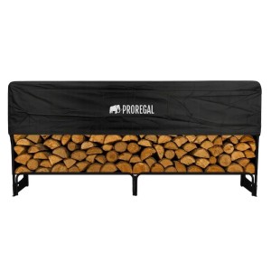 PROREGAL Kaminholzregal XL mit Abdeckung, gefüllt mit Holzscheiten. Wetterfestes, schwarzes Kaminholzlager für den Außenbereich.