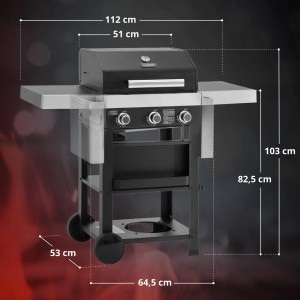 Taino Wabaya 3+0 Gasgrill, Grillwagen mit 3 Brennern, Sear-Burner, schwarz matt, mit Abdeckhaube und Maßangaben.