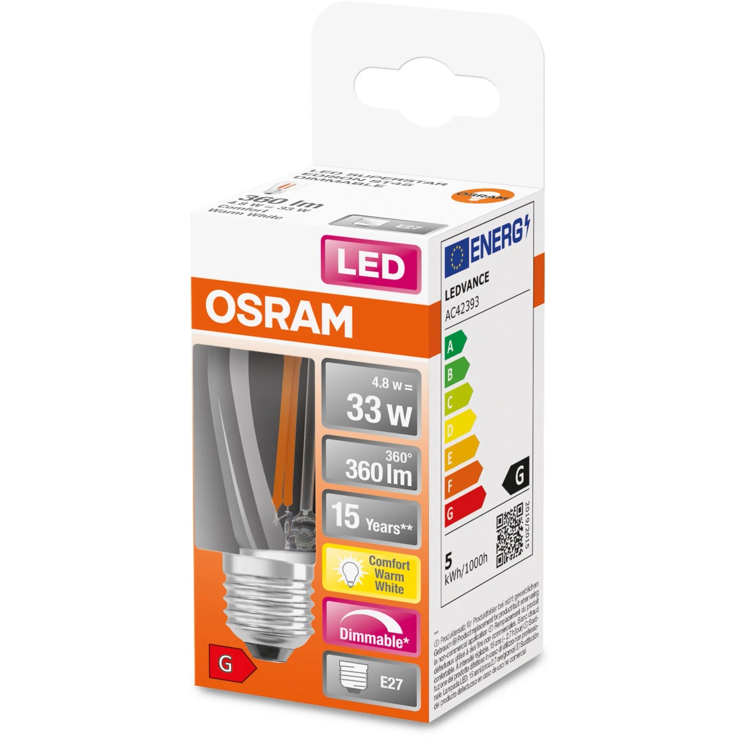 Osram LED-Filament Lampe E27, 4,8W, extra warmweiß, in Produktverpackung.