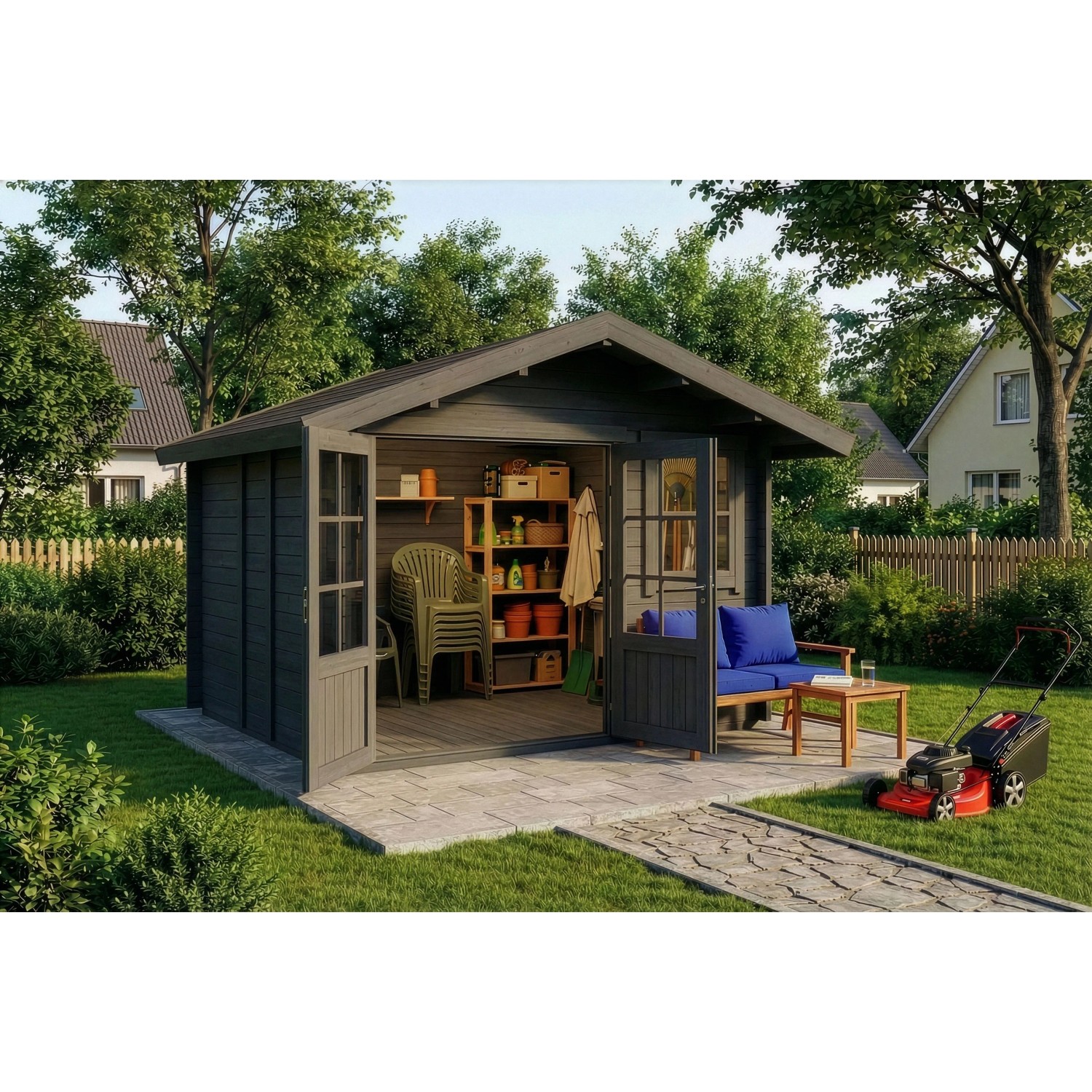 Graues Alpholz Gartenhaus Palermo 331x331cm mit Doppeltür und Gartenmöbeln.
